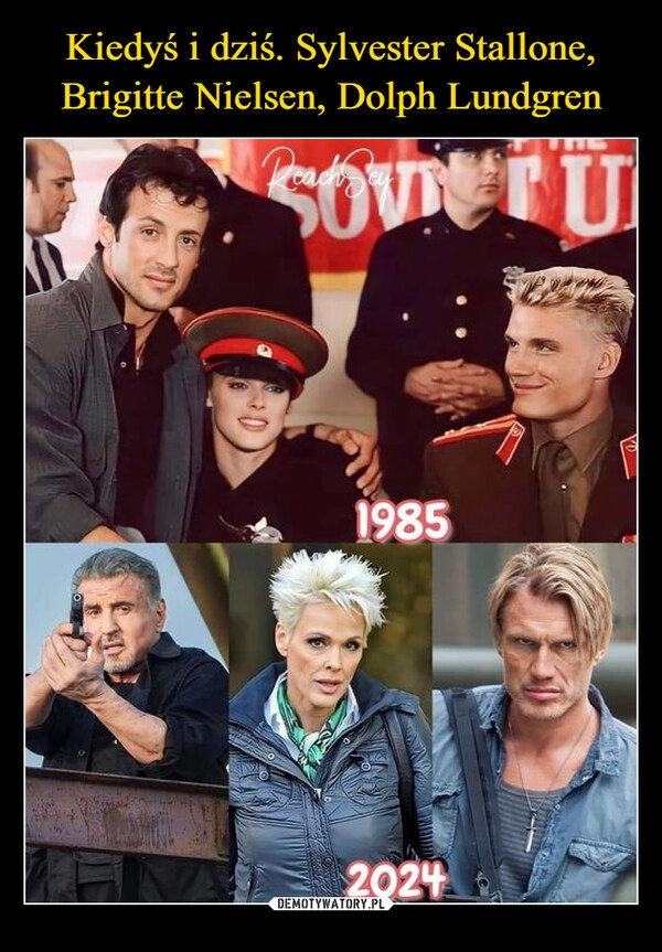 
    Kiedyś i dziś. Sylvester Stallone, Brigitte Nielsen, Dolph Lundgren