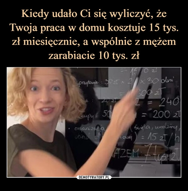 
    Kiedy udało Ci się wyliczyć, że Twoja praca w domu kosztuje 15 tys. zł miesięcznie, a wspólnie z mężem zarabiacie 10 tys. zł