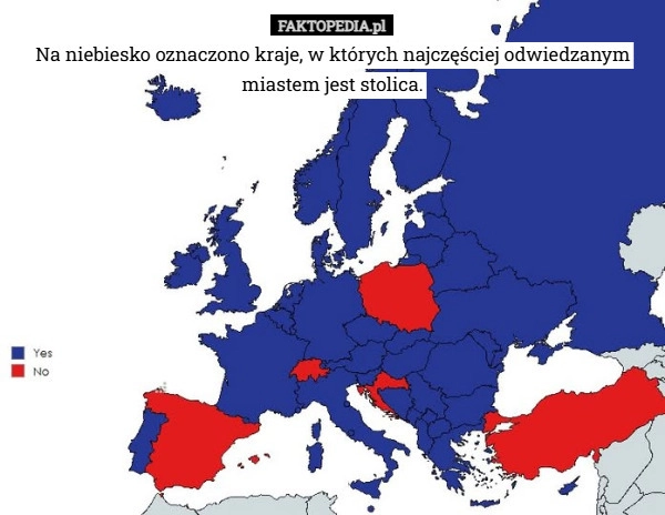 
    Na niebiesko oznaczono kraje, w których najczęściej odwiedzanym miastem