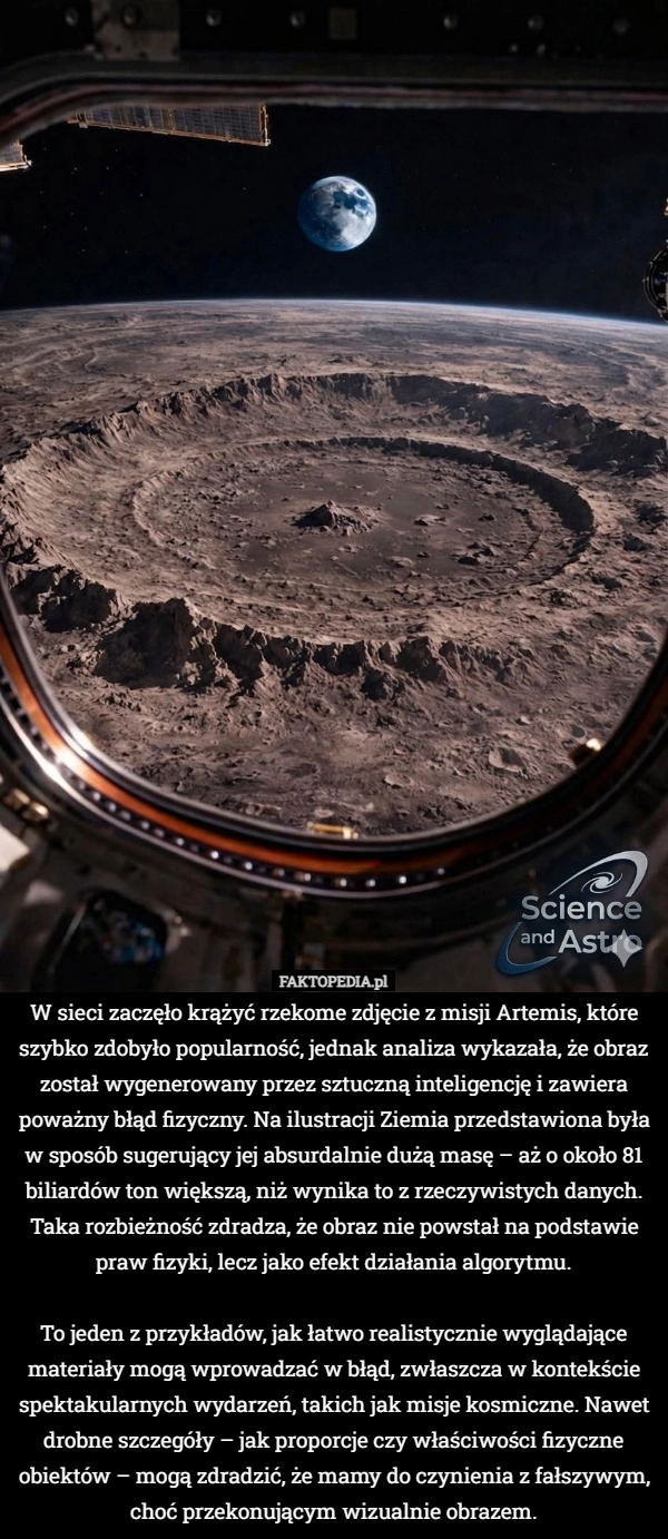 
    W sieci zaczęło krążyć rzekome zdjęcie z misji Artemis, które szybko zdobyło