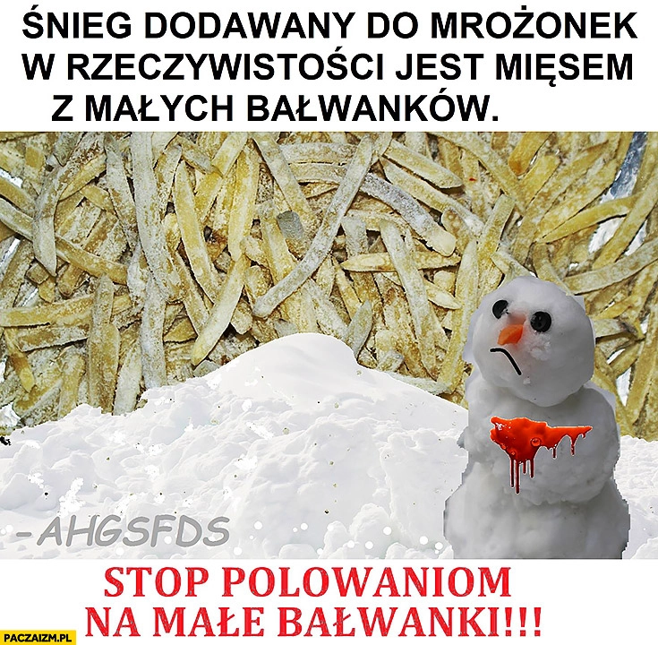 
    Śnieg dodawany do mrożonek w rzeczywistości jest mięsem z małych bałwanków stop polowaniom na male bałwanki ahgsfds