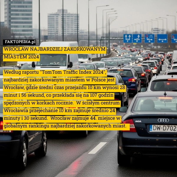 
    WROCŁAW NAJBARDZIEJ ZAKORKOWANYM MIASTEM 2024

Według raportu "TomTom