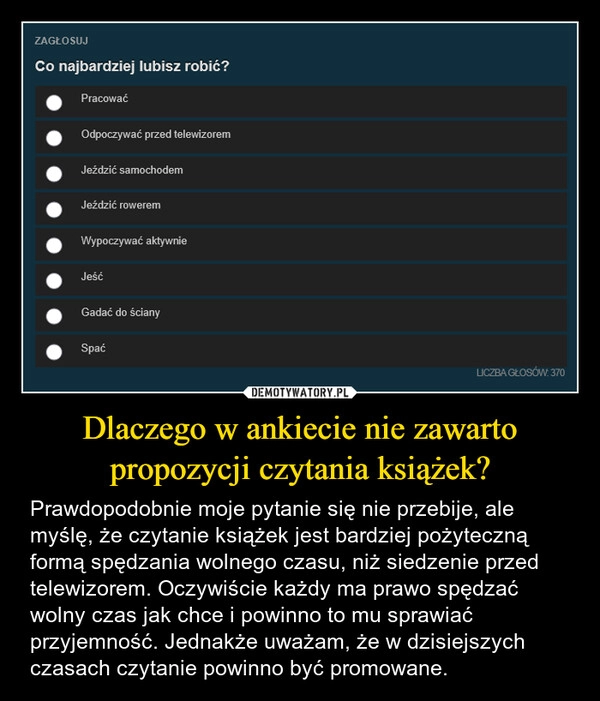
    Dlaczego w ankiecie nie zawarto propozycji czytania książek?