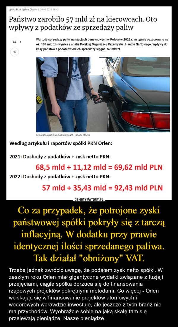 
    Co za przypadek, że potrojone zyski państwowej spółki pokryły się z tarczą inflacyjną. W dodatku przy prawie identycznej ilości sprzedanego paliwa. Tak działał "obniżony" VAT.