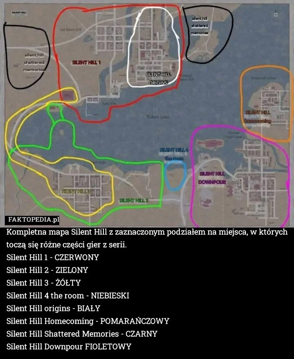 
    Kompletna mapa Silent Hill z zaznaczonym podziałem na miejsca, w których