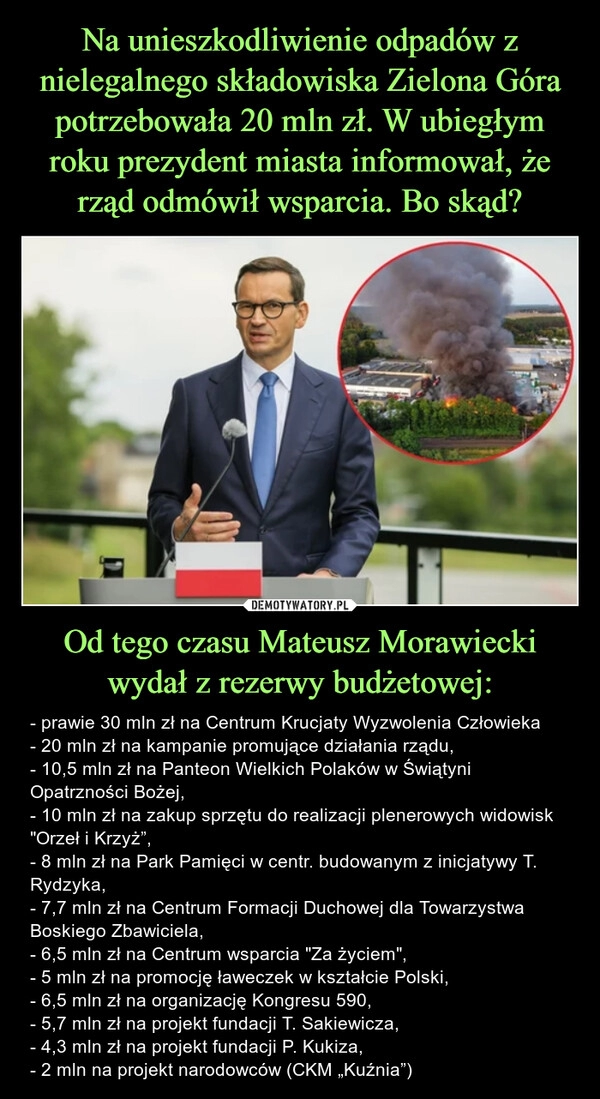 
    Na unieszkodliwienie odpadów z nielegalnego składowiska Zielona Góra potrzebowała 20 mln zł. W ubiegłym roku prezydent miasta informował, że rząd odmówił wsparcia. Bo skąd? Od tego czasu Mateusz Morawiecki wydał z rezerwy budżetowej: