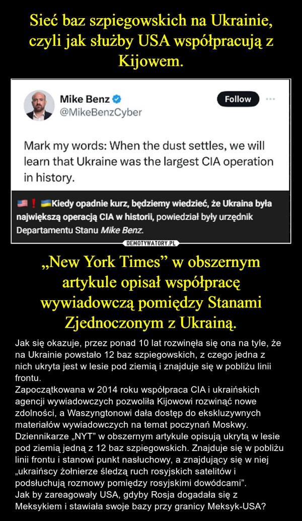 
    Sieć baz szpiegowskich na Ukrainie, czyli jak służby USA współpracują z Kijowem. „New York Times” w obszernym artykule opisał współpracę wywiadowczą pomiędzy Stanami Zjednoczonym z Ukrainą.