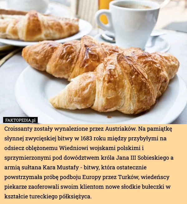 
    Croissanty zostały wynalezione przez Austriaków. Na pamiątkę słynnej zwycięskiej