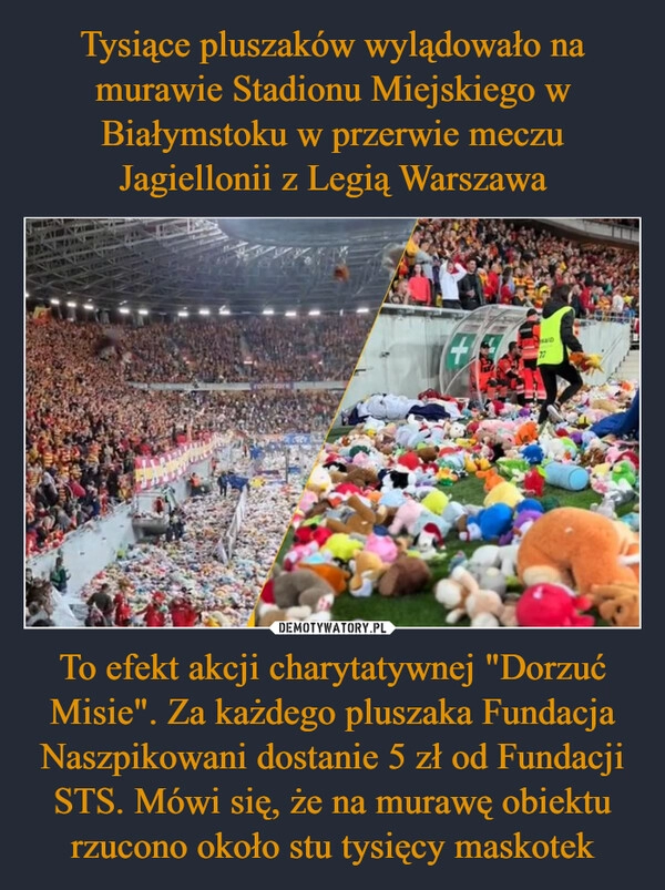 
    Tysiące pluszaków wylądowało na murawie Stadionu Miejskiego w Białymstoku w przerwie meczu Jagiellonii z Legią Warszawa To efekt akcji charytatywnej "Dorzuć Misie". Za każdego pluszaka Fundacja Naszpikowani dostanie 5 zł od Fundacji STS. Mówi się, że na murawę obiektu rzucono około stu tysięcy maskotek