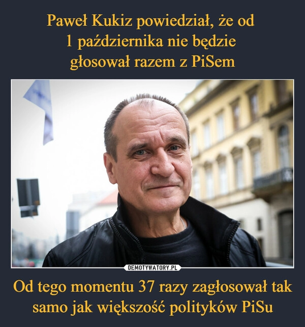 
    
Paweł Kukiz powiedział, że od
1 października nie będzie
głosował razem z PiSem Od tego momentu 37 razy zagłosował tak samo jak większość polityków PiSu 