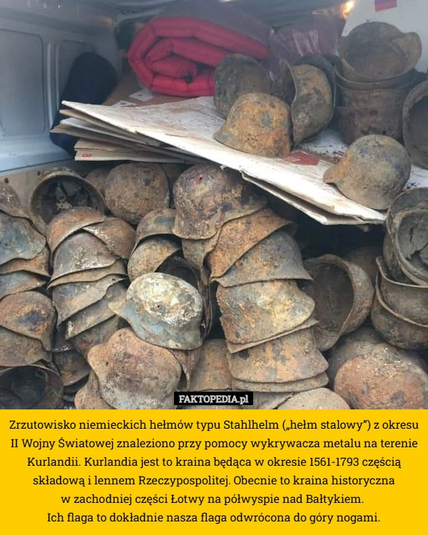 
    Zrzutowisko niemieckich hełmów typu Stahlhelm („hełm stalowy”) z okresu