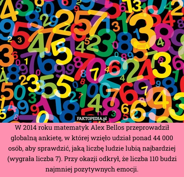 
    W 2014 roku matematyk Alex Bellos przeprowadził globalną ankietę, w której