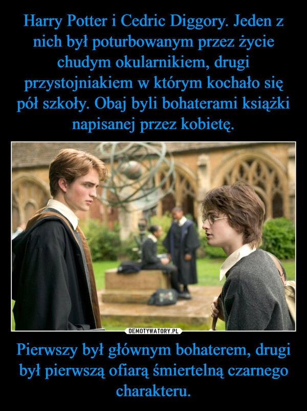 
    Harry Potter i Cedric Diggory. Jeden z nich był poturbowanym przez życie chudym okularnikiem, drugi przystojniakiem w którym kochało się pół szkoły. Obaj byli bohaterami książki napisanej przez kobietę. Pierwszy był głównym bohaterem, drugi był pierwszą ofiarą śmiertelną czarnego charakteru.