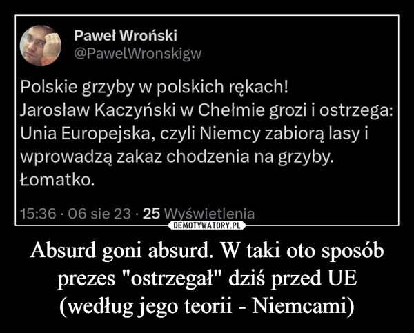 
    Absurd goni absurd. W taki oto sposób prezes "ostrzegał" dziś przed UE (według jego teorii - Niemcami)