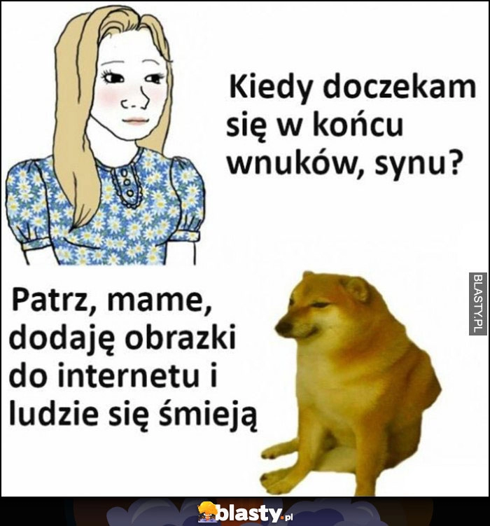 
    Kiedy doczekam się wkońcu wnuków synu? Pies pieseł doge cheems: patrz mame dodaję obrazki do internetu i ludzie się śmieją