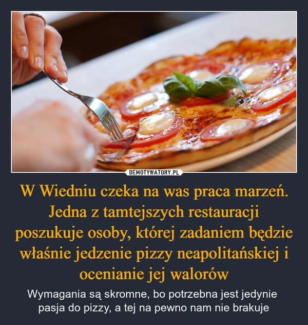 
    W Wiedniu czeka na was praca marzeń. Jedna z tamtejszych restauracji poszukuje osoby, której zadaniem będzie właśnie jedzenie pizzy neapolitańskiej i ocenianie jej walorów