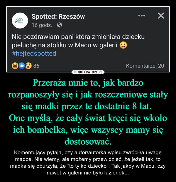 
    Przeraża mnie to, jak bardzo rozpanoszyły się i jak roszczeniowe stały się madki przez te dostatnie 8 lat. 
One myślą, że cały świat kręci się wkoło ich bombelka, więc wszyscy mamy się dostosować.