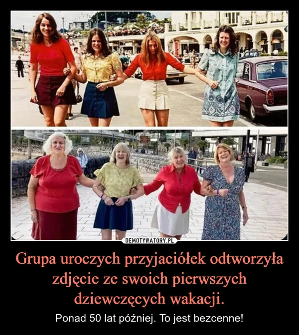 
    Grupa uroczych przyjaciółek odtworzyła zdjęcie ze swoich pierwszych dziewczęcych wakacji.