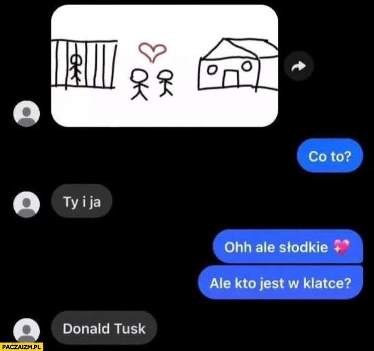 Co to? Ty i ja, ale słodkie. Ale kto jest w klatce? Donald Tusk