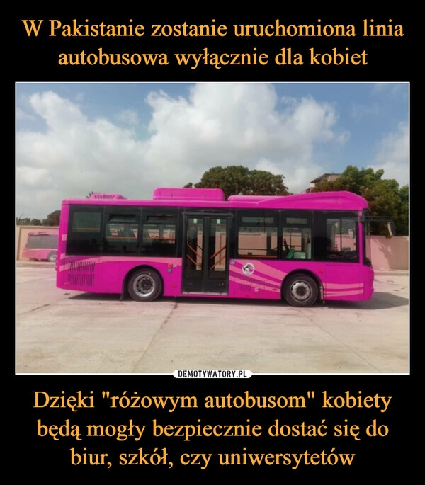 
    W Pakistanie zostanie uruchomiona linia autobusowa wyłącznie dla kobiet Dzięki "różowym autobusom" kobiety będą mogły bezpiecznie dostać się do biur, szkół, czy uniwersytetów 