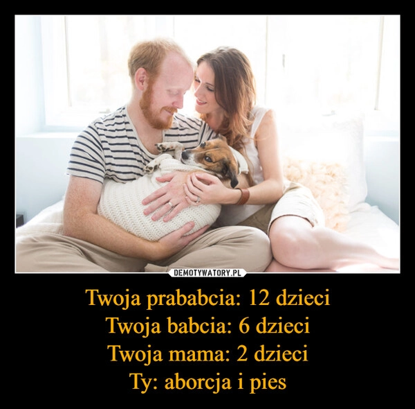 
    Twoja prababcia: 12 dzieci
Twoja babcia: 6 dzieci
Twoja mama: 2 dzieci
Ty: aborcja i pies