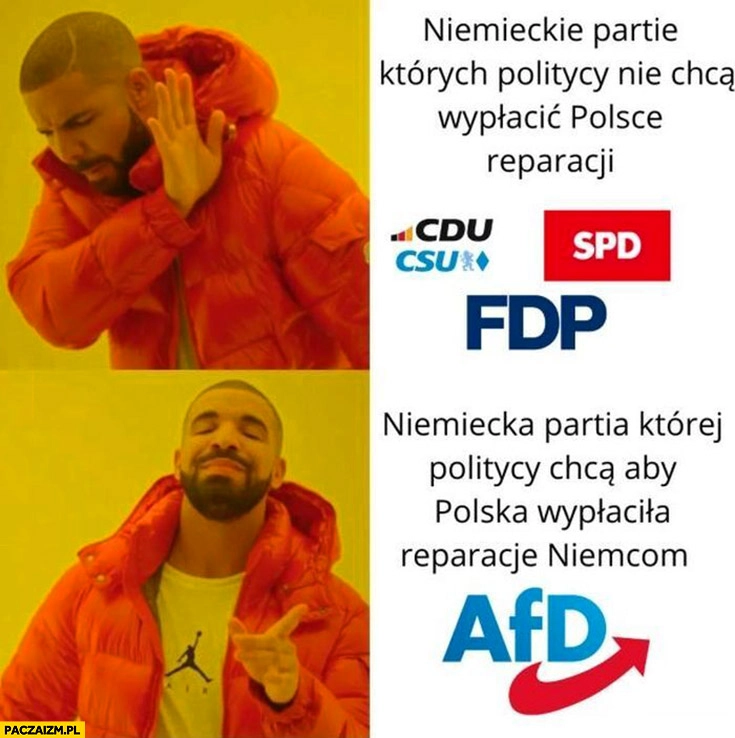 
    Niemieckie partie których politycy nie chcą wypłacić Polsce reparacji vs AfD niemiecka partia której politycy chcą aby Polska wypłaciła reparacje Niemcom
