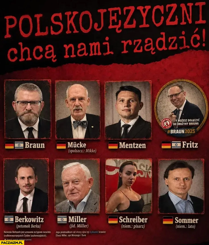 
    Polskojęzyczni chcą nami rządzić Braun Mikke Mentzen Fritz Berkowitz Miller Schreiber Sommer