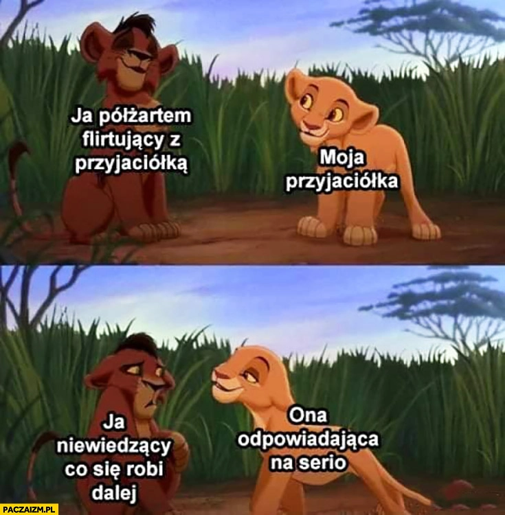 
    Ja półżartem flirtujący z przyjaciółką, ona odpowiadająca na serio, ja niewiedzący co się robi dalej