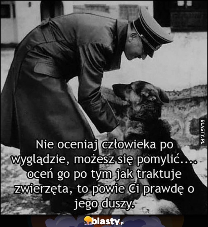 
    adolf hitler z psem pieskiem nie oceniaj człowieka po wyglądzie, możesz się pomylić, oceń po tym jak traktuje zwierzęta, to powie Ci prawdę o jego duszy