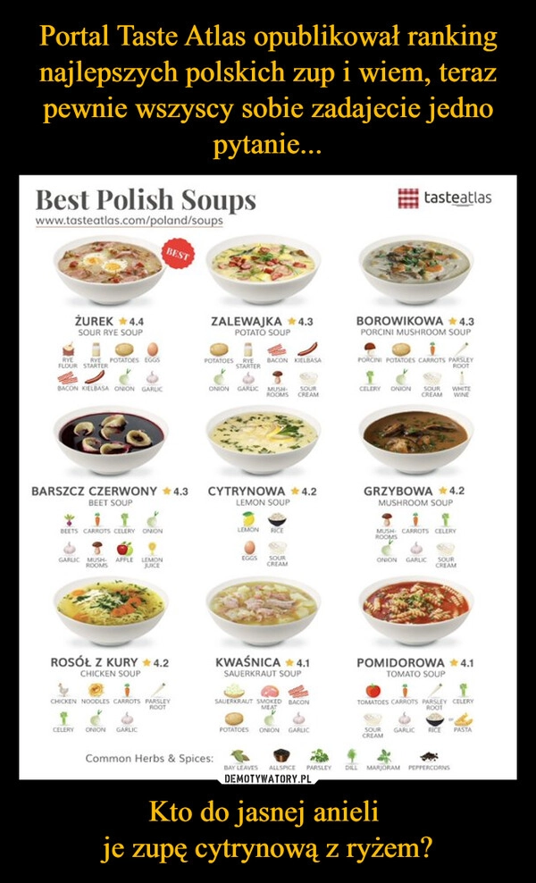 
    Portal Taste Atlas opublikował ranking najlepszych polskich zup i wiem, teraz pewnie wszyscy sobie zadajecie jedno pytanie... Kto do jasnej anieli 
je zupę cytrynową z ryżem?