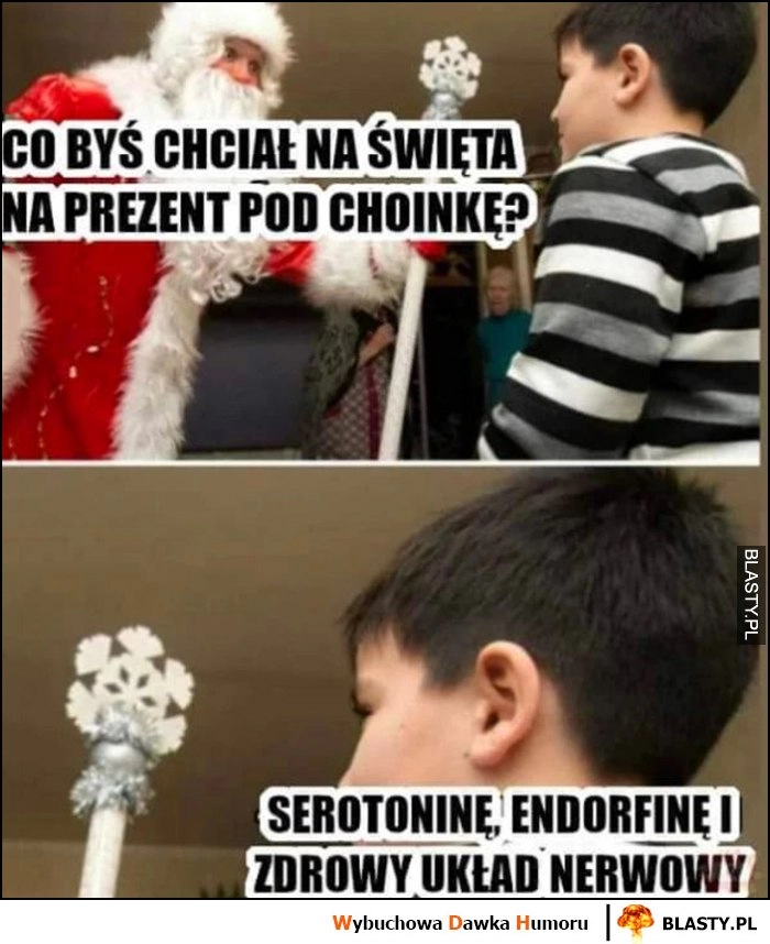 
    Mikołaj co byś chciał na święta na prezent pod choinkę? Serotoninę, endorfinę i zdrowy układ nerwowy