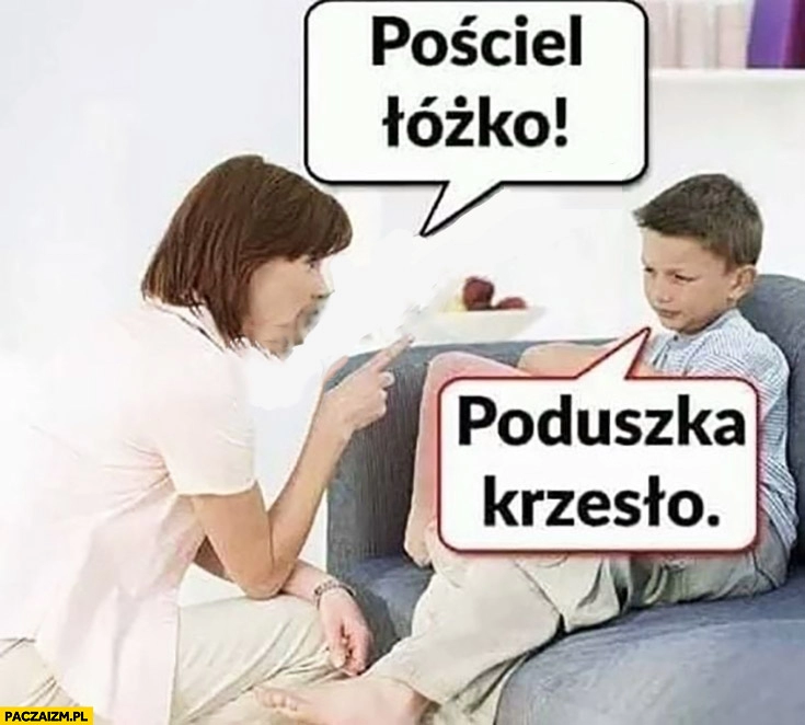 
    Pościel łóżko, poduszka krzesło dziecko odpowiada mamie