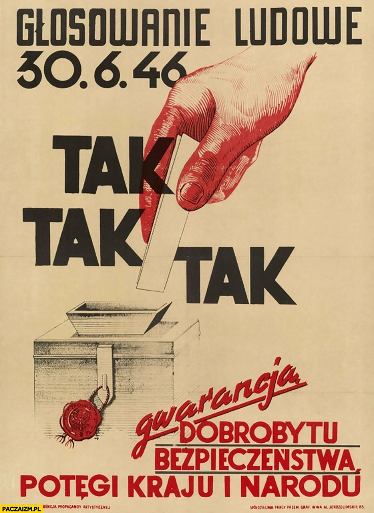 
    Referendum głosowanie ludowe 1946 tak gwarancja dobrobytu bezpieczeństwa potęgi kraju i narodu plakat