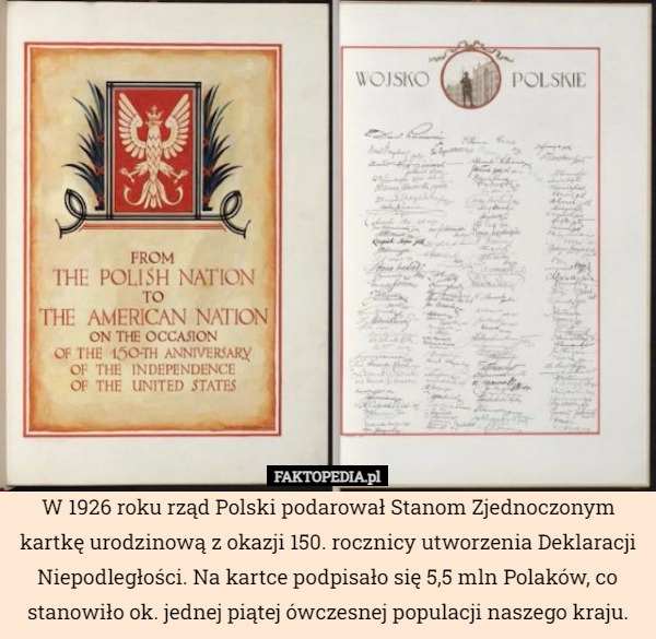 
    
			W 1926 roku rząd Polski podarował Stanom Zjednoczonym kartkę urodzinową					