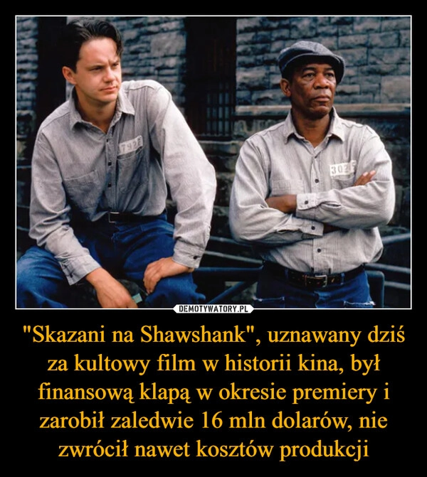 
    "Skazani na Shawshank", uznawany dziś za kultowy film w historii kina, był finansową klapą w okresie premiery i zarobił zaledwie 16 mln dolarów, nie zwrócił nawet kosztów produkcji