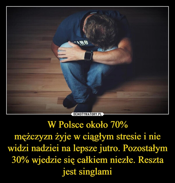 
    W Polsce około 70%
mężczyzn żyje w ciągłym stresie i nie widzi nadziei na lepsze jutro. Pozostałym 30% wjedzie się całkiem niezłe. Reszta jest singlami