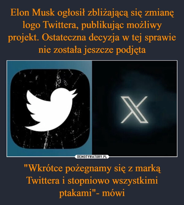 
    Elon Musk ogłosił zbliżającą się zmianę logo Twittera, publikując możliwy projekt. Ostateczna decyzja w tej sprawie nie została jeszcze podjęta "Wkrótce pożegnamy się z marką Twittera i stopniowo wszystkimi ptakami"- mówi