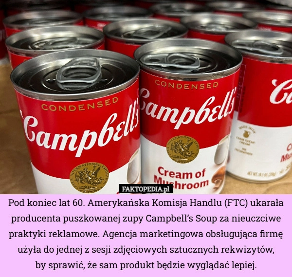 
    Pod koniec lat 60. Amerykańska Komisja Handlu (FTC) ukarała producenta puszkowanej