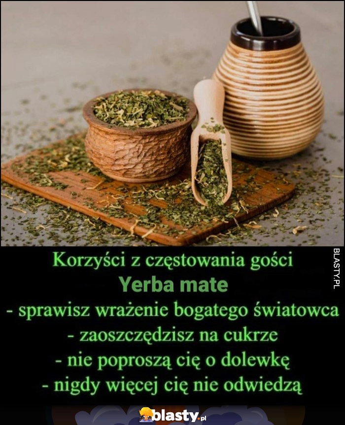 
    Korzyści z częstowania gości Yerba mate: zaoszczędzisz, nie poproszą o dolewkę, nigdy więcej cię nie odwiedzą