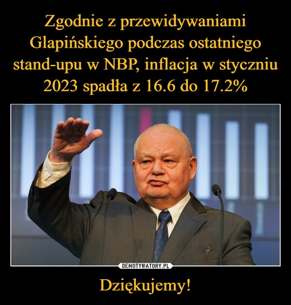 
    Zgodnie z przewidywaniami Glapińskiego podczas ostatniego stand-upu w NBP, inflacja w styczniu 2023 spadła z 16.6 do 17.2% Dziękujemy!