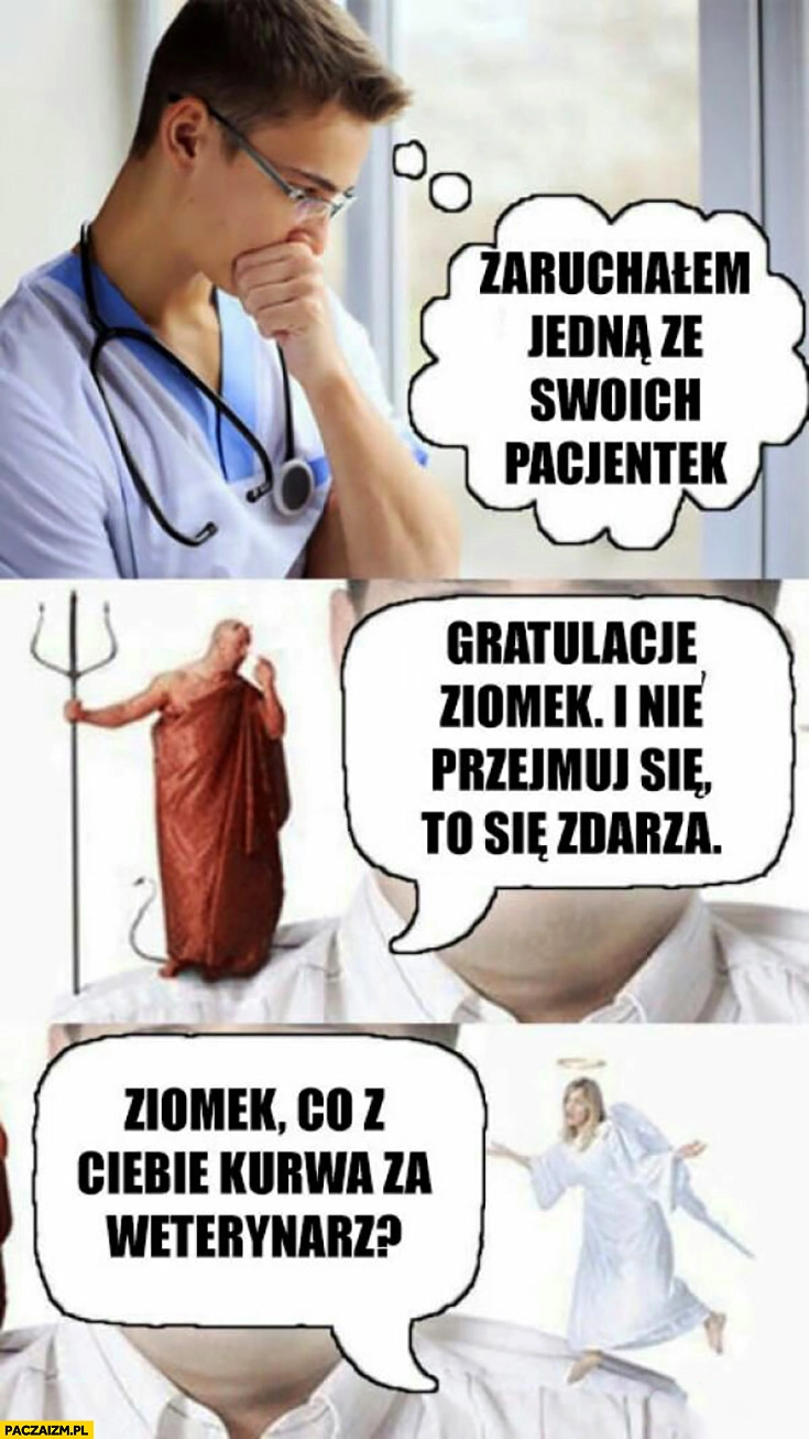 
    Zaruszałem jedną ze swoich pacjentek, diabeł mówi: gratulacje ziomek, nie przejmuj się, to się zdarza. Anioł: mówi: ziomek, co z Ciebie za weterynarz?
