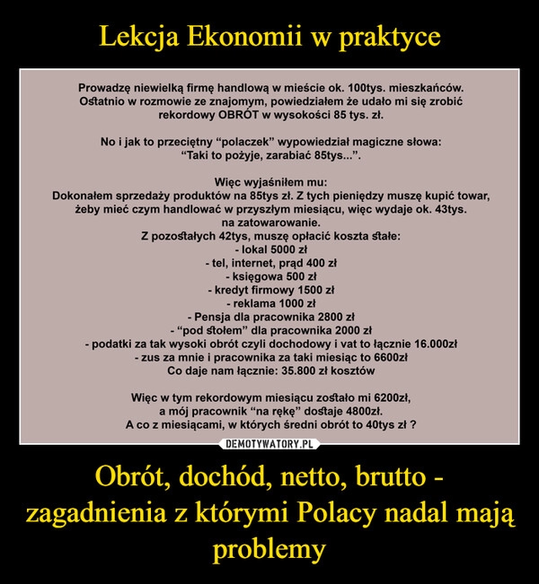 
    Lekcja Ekonomii w praktyce Obrót, dochód, netto, brutto - zagadnienia z którymi Polacy nadal mają problemy