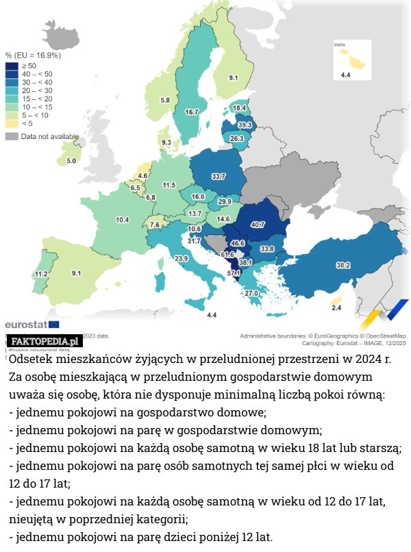 
    Odsetek mieszkańców żyjących w przeludnionej przestrzeni w 2024 r.
Za osobę