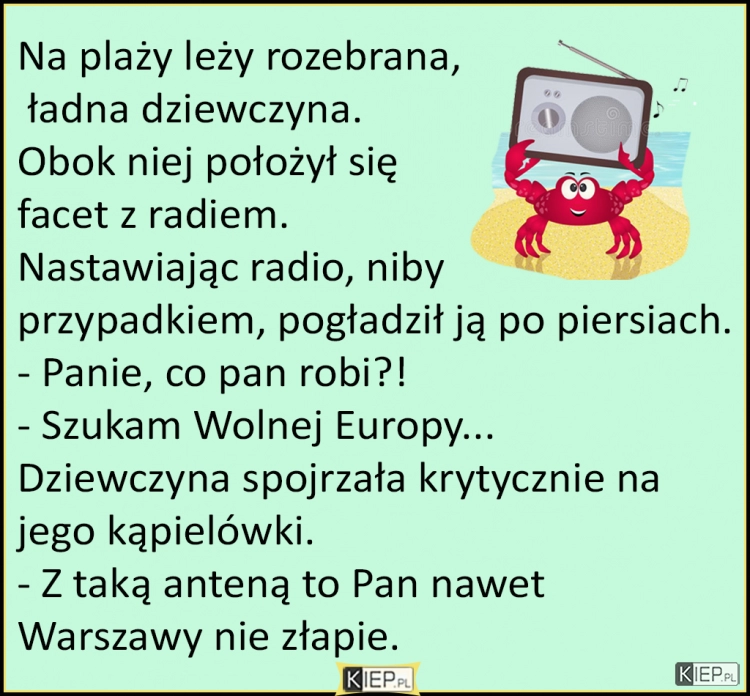 
    Na plaży leży rozebrana, ładna dziewczyna. Obok niej położył się...