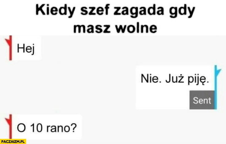 
    Kiedy szef zagada gdy masz wolne: nie, już piję, o 10 rano?