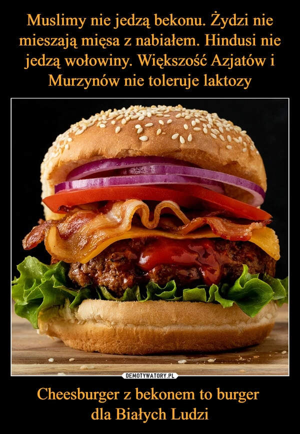 
    Muslimy nie jedzą bekonu. Żydzi nie mieszają mięsa z nabiałem. Hindusi nie jedzą wołowiny. Większość Azjatów i Murzynów nie toleruje laktozy Cheesburger z bekonem to burger 
dla Białych Ludzi