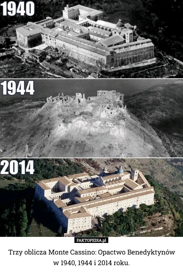 
    Trzy oblicza Monte Cassino: Opactwo Benedyktynów w 1940, 1944 i 2014 roku.