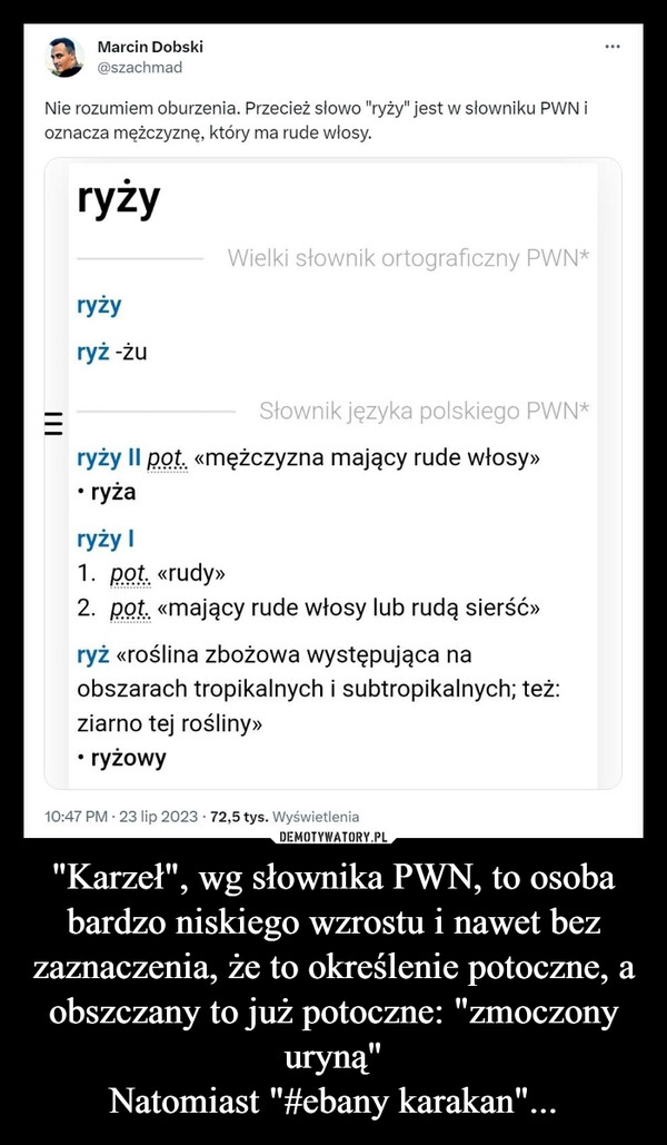 
    "Karzeł", wg słownika PWN, to osoba bardzo niskiego wzrostu i nawet bez zaznaczenia, że to określenie potoczne, a obszczany to już potoczne: "zmoczony uryną"
Natomiast "#ebany karakan"...