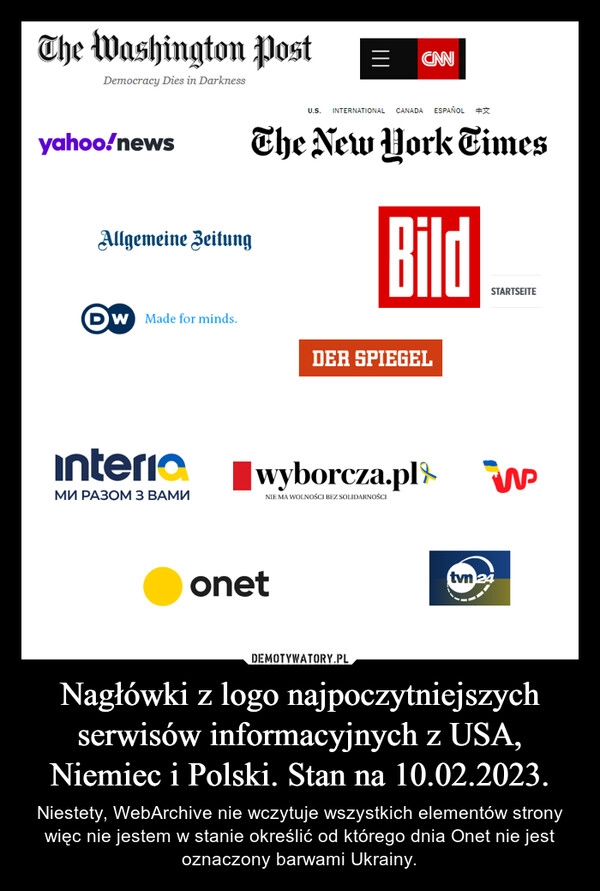 
    Nagłówki z logo najpoczytniejszych serwisów informacyjnych z USA, Niemiec i Polski. Stan na 10.02.2023.