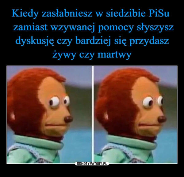 
    Kiedy zasłabniesz w siedzibie PiSu 
 zamiast wzywanej pomocy słyszysz dyskusję czy bardziej się przydasz żywy czy martwy